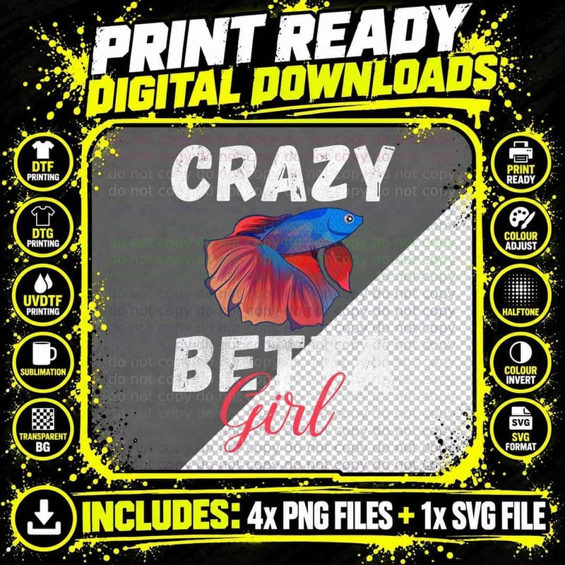 Crazy Betta Girl Betta Fish T-Shirt Png SVG Digital Bundle