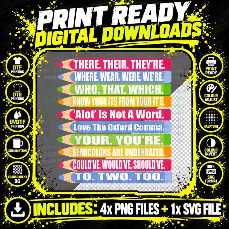 Fun Spelling and Grammar There Their Were We're to Too Png SVG Digital Bundle