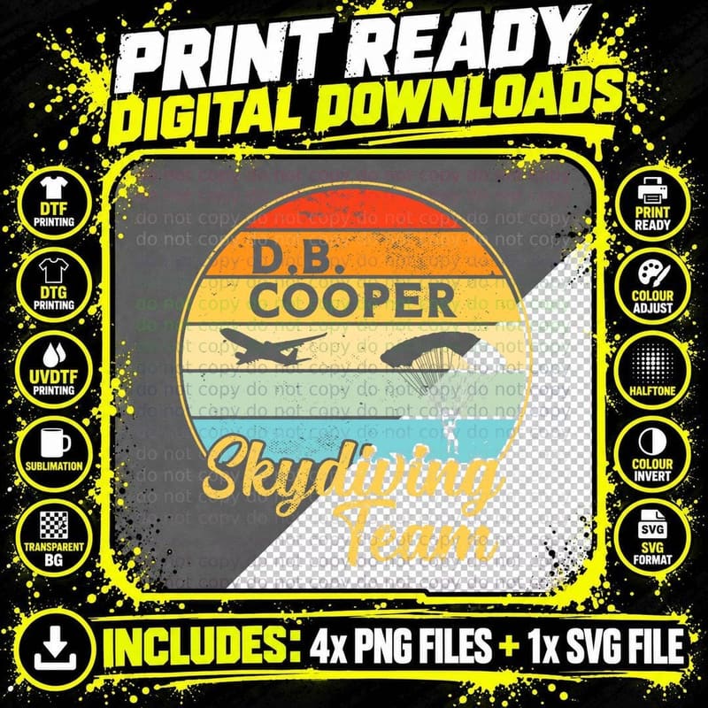 Db Cooper Skydiving Team 1971 Vintge Skyjacking History Png SVG Digital Bundle