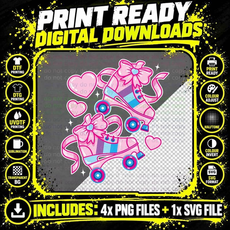 Cute Pink Roller Skates, Bows and Hearts for Princess Png SVG Digital Bundle