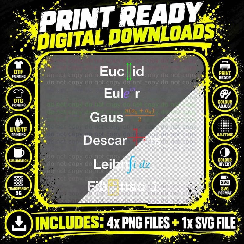 Nerdy Math Euclid Euler Gauss Descartes Leibniz Png SVG Digital Bundle