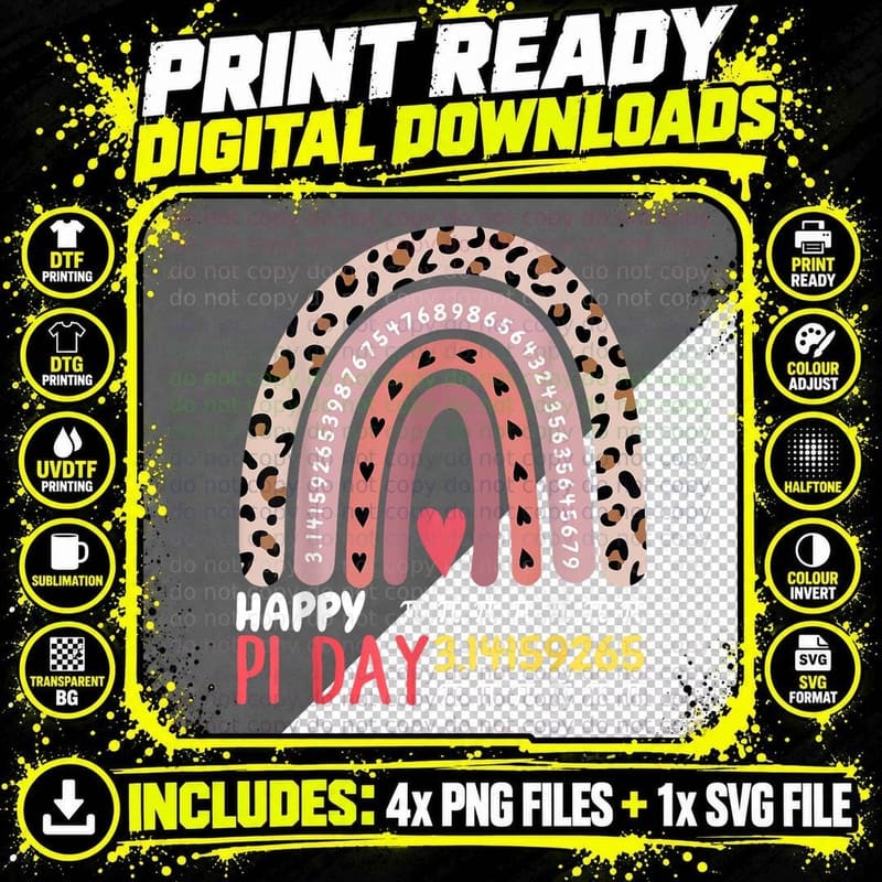 Pi Day Theme Spiral Pi Math Design 3.14 Leopard Rainbow Png SVG Digital Bundle