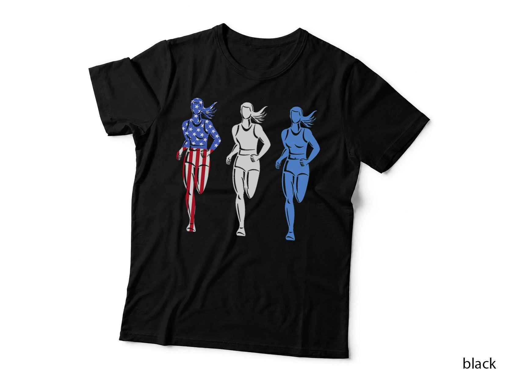 Patriotic Running American US Flag Women Runner Silhouette T-Shirt