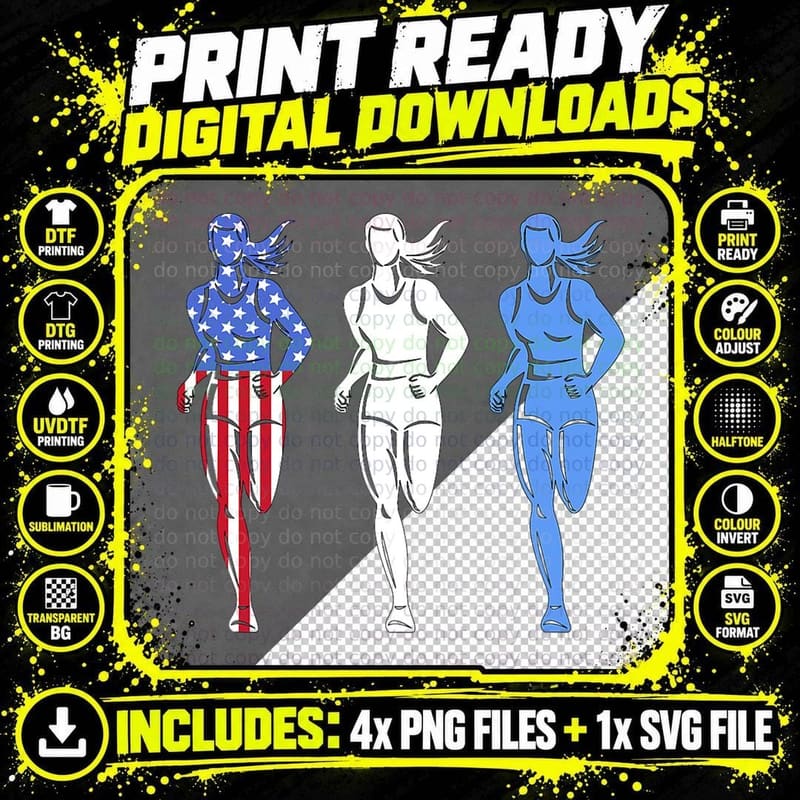 Patriotic Running American US Flag Women Runner Png SVG Digital Bundle