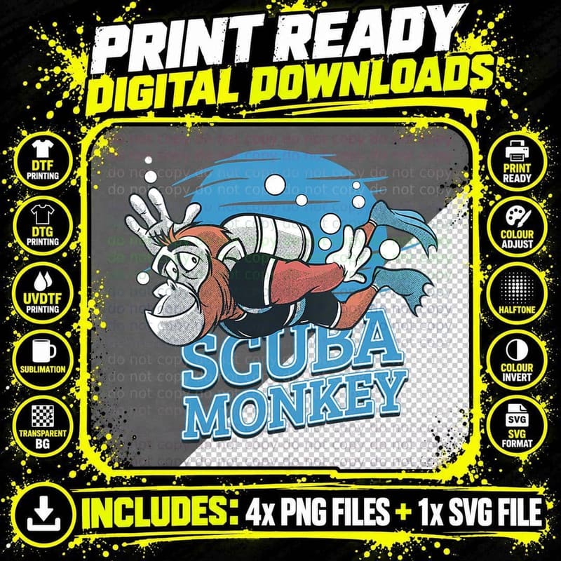 Scuba Monkey - Scuba Diving Chimp Gift Lover Fan T-Shirt Png SVG Digital Bundle