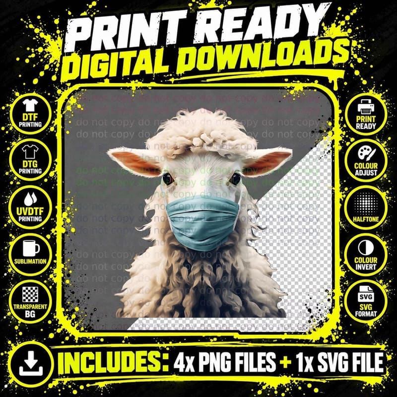 Sheep Wearing a Covid PPE Mask (Ver. 2) T-Shirt Png SVG Digital Bundle