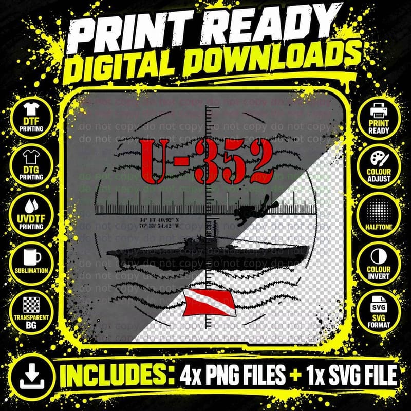 U-352 U-Boat Dive Submarine WWII Scuba Wreck Diving Png SVG Digital Bundle