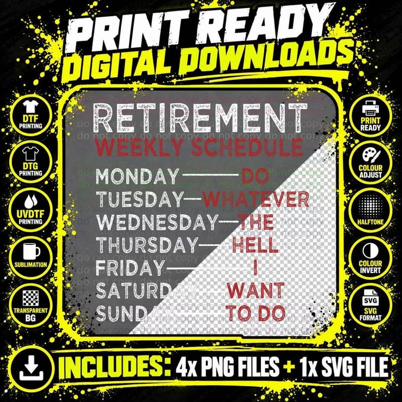 Women Retirement Weekly Schedule T-Shirt Png SVG Digital Bundle