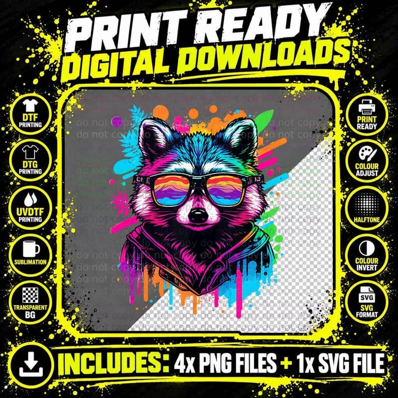 Racoon with Sunglasses Vaporwave Raccoon Lover Graphic Png SVG Digital Bundle