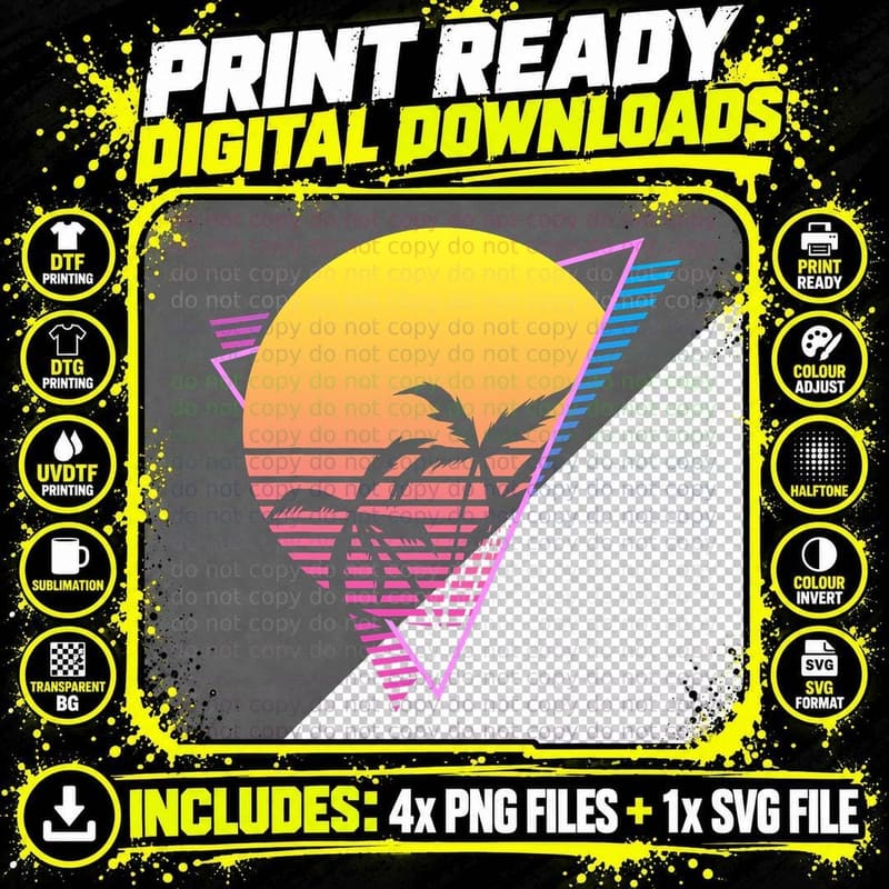 Sunset Palm Trees Synthwave Vaporwave Aesthetic T-Shirt Png SVG Digital Bundle