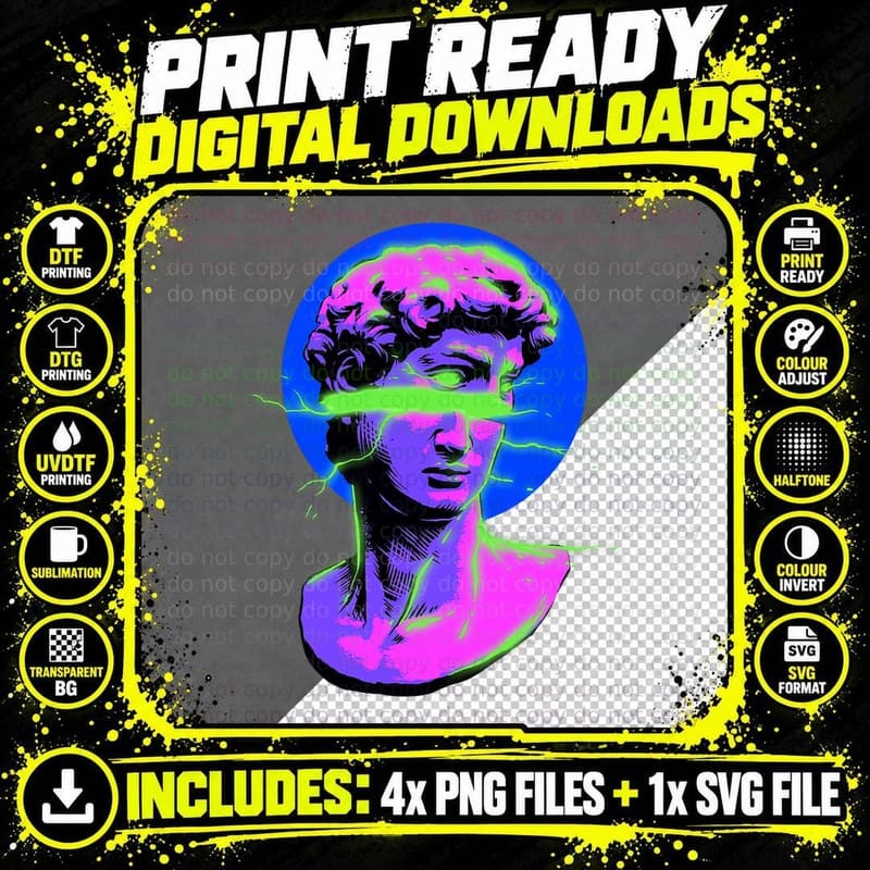 Vaporwave Lightning Bust Greek Sculpture Retrowave Png SVG Digital Bundle