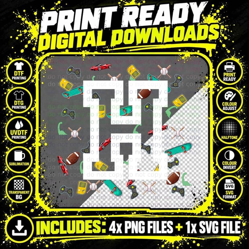 Letter H Top for Boys Who Like to Play Sport & Video Png SVG Digital Bundle