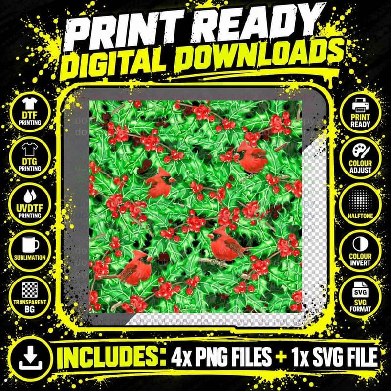 Cardinals and Holly Berry T-Shirt Png SVG Digital Bundle