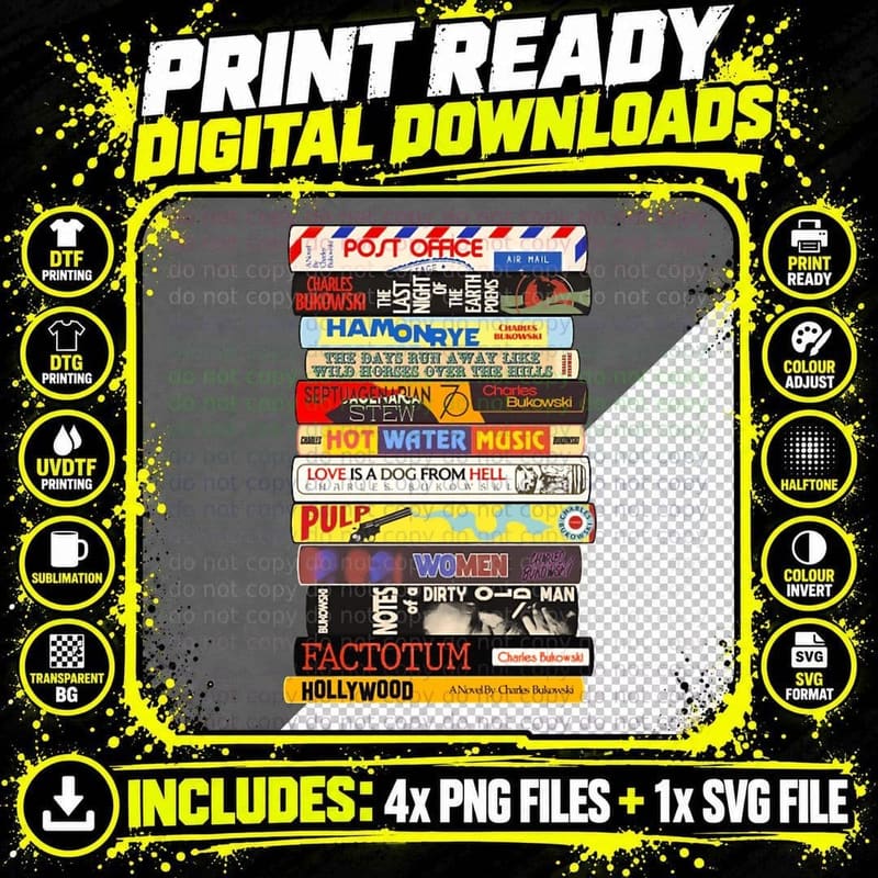 Charles Bukowski Books Stack T-Shirt Png SVG Digital Bundle