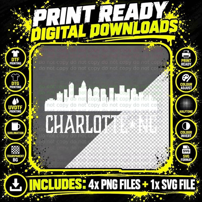 Charlotte NC T-Shirt North Carolina Cities Skyline Png SVG Digital Bundle