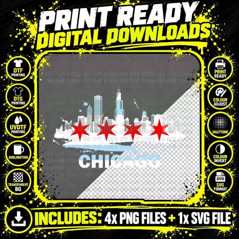 Chicago City Flag Downtown Skyline - Chicago Skyline Png SVG Digital Bundle