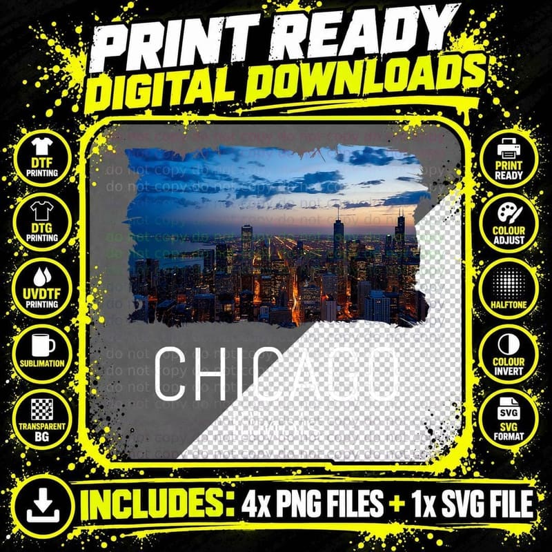 Chicago Skyline at Night Cool Souvenir Chicago Illinois Png SVG Digital Bundle