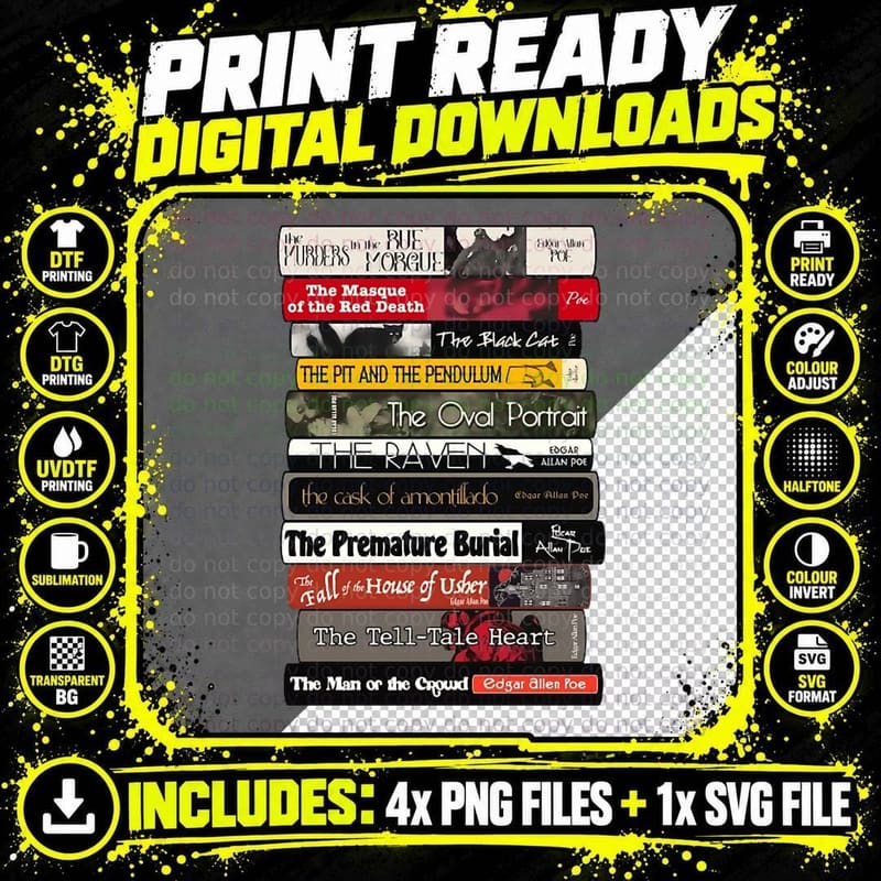 Edgar Allan Poe Books Stack T-Shirt Png SVG Digital Bundle