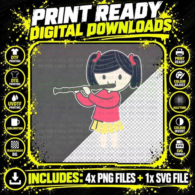 Flute Girl Musician and Artist T-Shirt Png SVG Digital Bundle