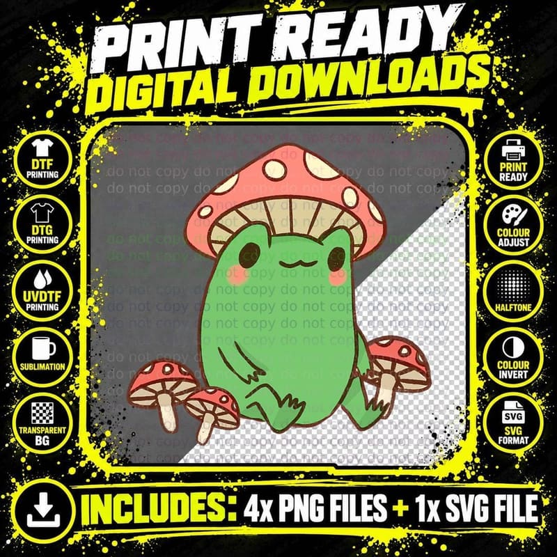 Frog with Mushroom, Hat Cute Cottagecore Aesthetic Png SVG Digital Bundle