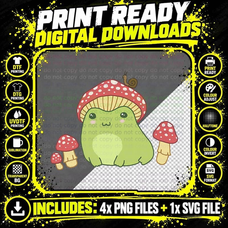 Frog with Mushroom, Hat and Snail, Cottagecore Aesthetic Png SVG Digital Bundle