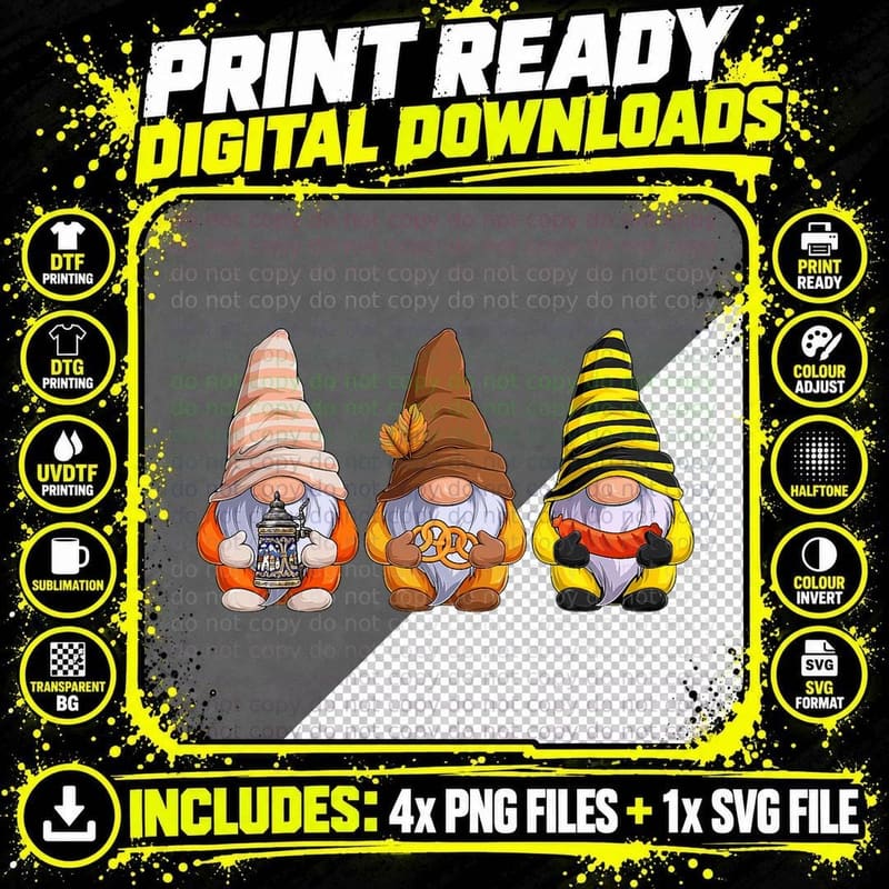Gnomes Eating Oktoberfest Pretzel Sausage Bratwurst Png SVG Digital Bundle