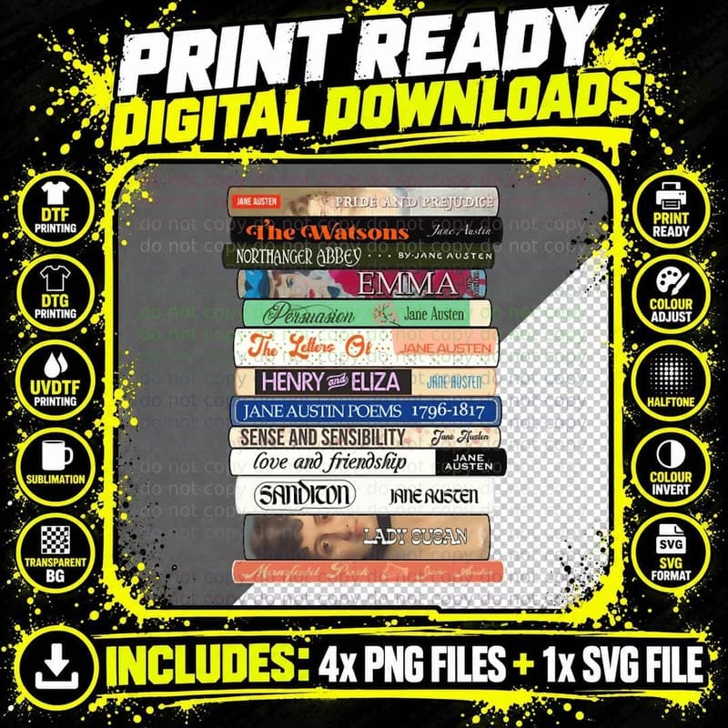 Jane Austen Books Stack T-Shirt Png SVG Digital Bundle