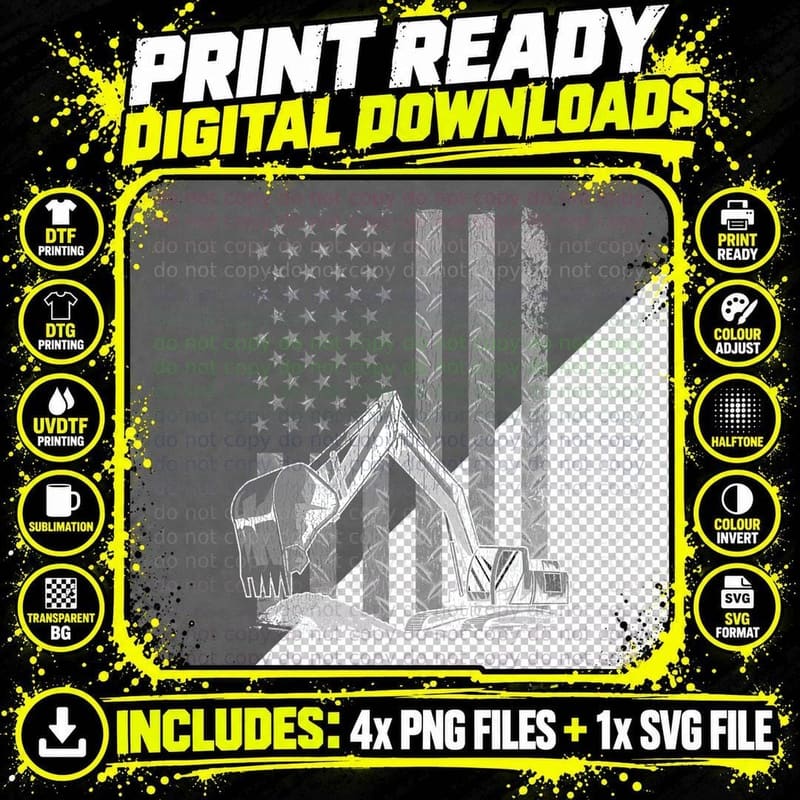 Patriotic Construction Worker Excavator Operator Digger Png SVG Digital Bundle