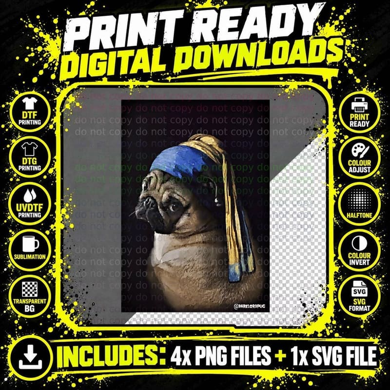 Pug with a Pearl Earring T-Shirt Png SVG Digital Bundle