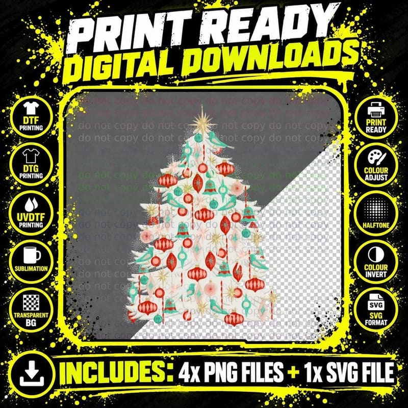 Shiny Ornaments Tree T-Shirt Png SVG Digital Bundle