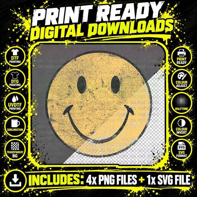 Smiling FACE 70's-80's Vibe T-Shirt Png SVG Digital Bundle