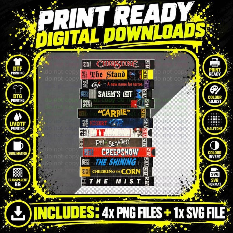 Stephen King VHS Movies Stack T-Shirt Png SVG Digital Bundle