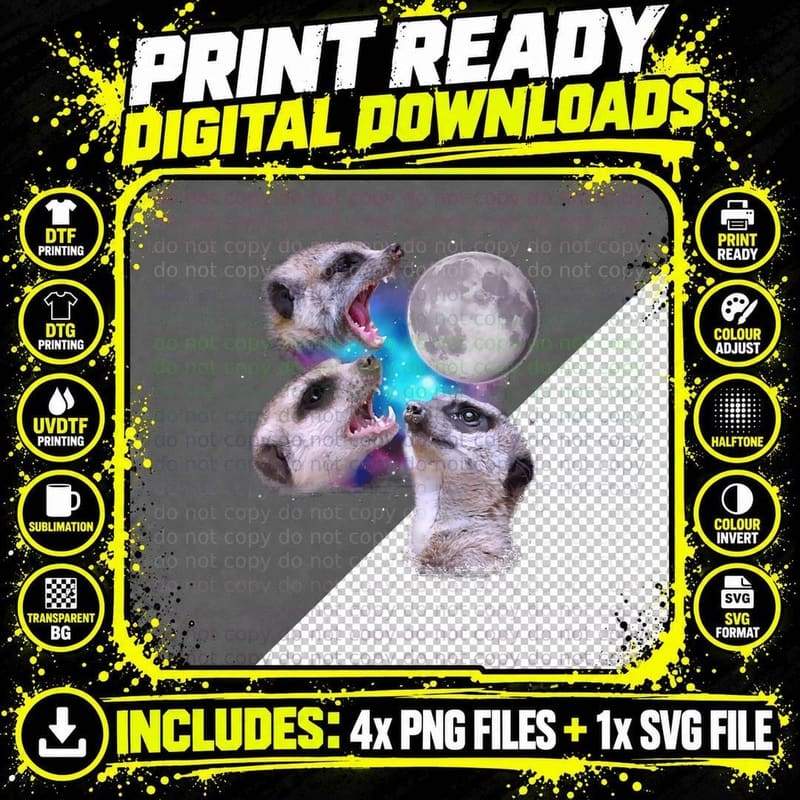 Three Meerkats Howl at the Moon T-Shirt Png SVG Digital Bundle
