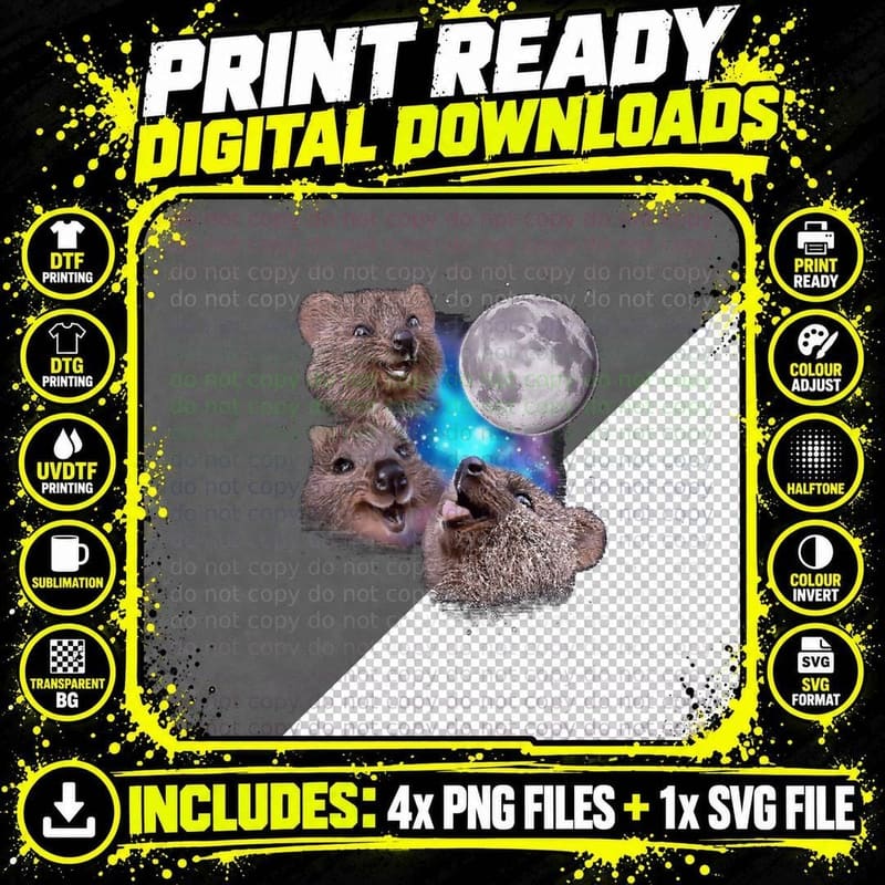 Three Quokkas Howl at the Moon T-Shirt Png SVG Digital Bundle