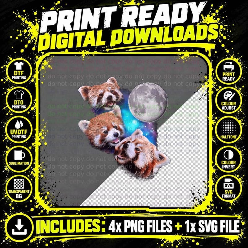 Three Red Pandas Howl at the Moon T-Shirt Png SVG Digital Bundle