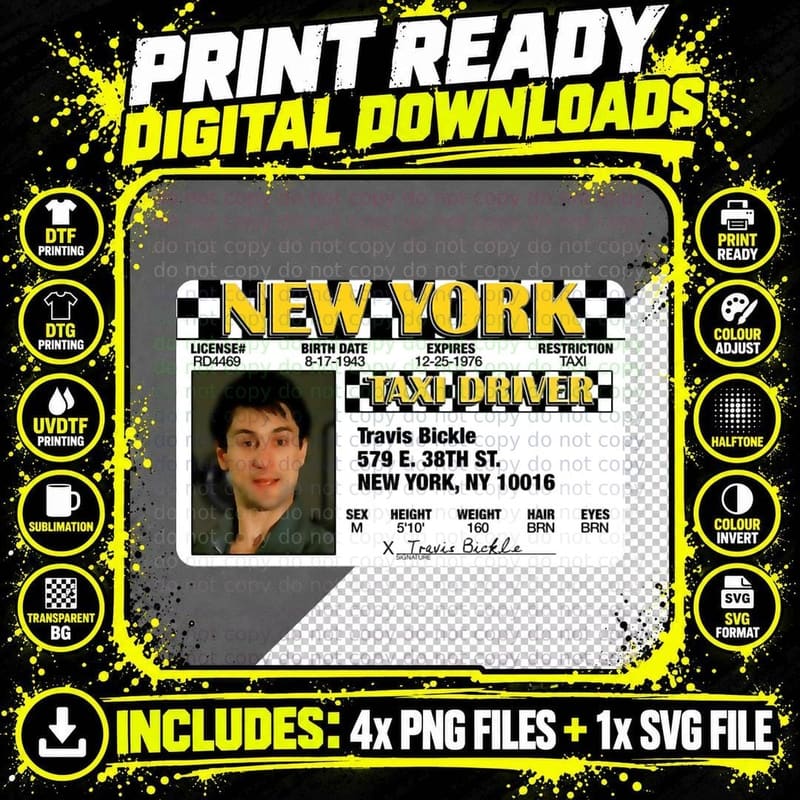 Travis Bickle Taxi License T-Shirt Png SVG Digital Bundle