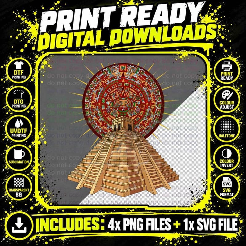 Ancient Sacred Mayan Aztec Calendar Pyramid Geometry Png SVG Digital Bundle