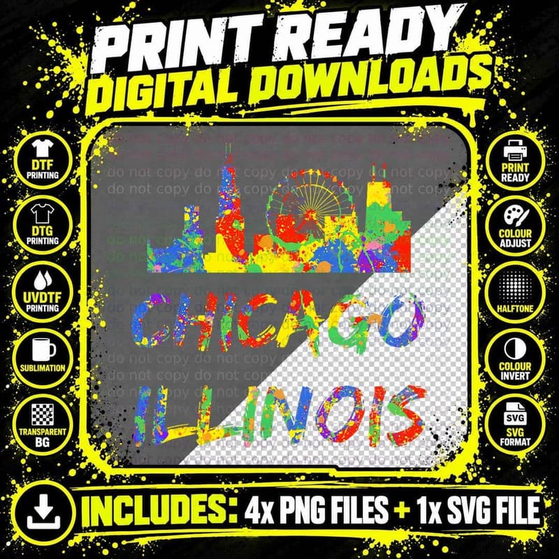 Chicago Illinois Skyline Artwork Colorful Chicago Png SVG Digital Bundle