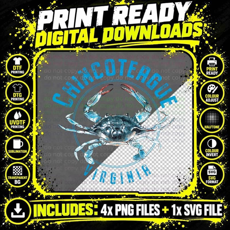 Chincoteague Virginia Blue Crab Design T-Shirt Png SVG Digital Bundle