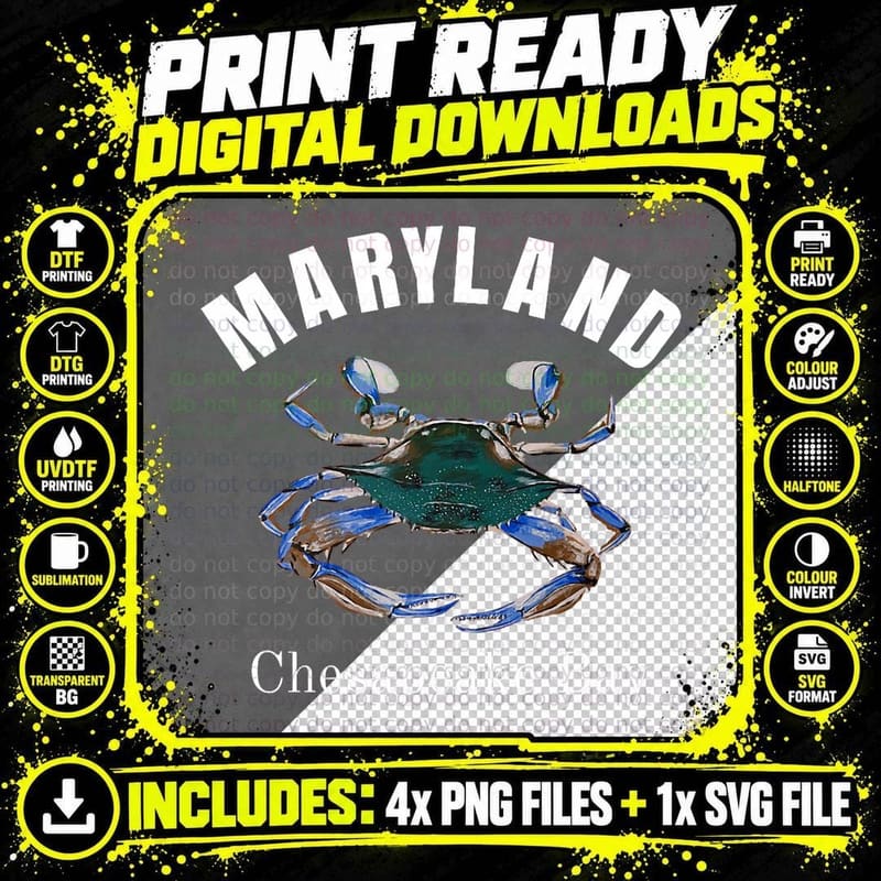 Maryland Chesapeake Bay Painted Blue Crab T-Shirt Png SVG Digital Bundle