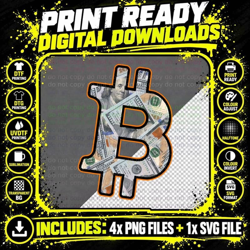 Money & Cash Inside of Bitcoin Logo Cryptocerrency Png SVG Digital Bundle