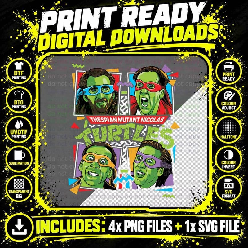 Thespian Mutant Nicolas Turtles - Nicolas Cage T-Shirt Png SVG Digital Bundle