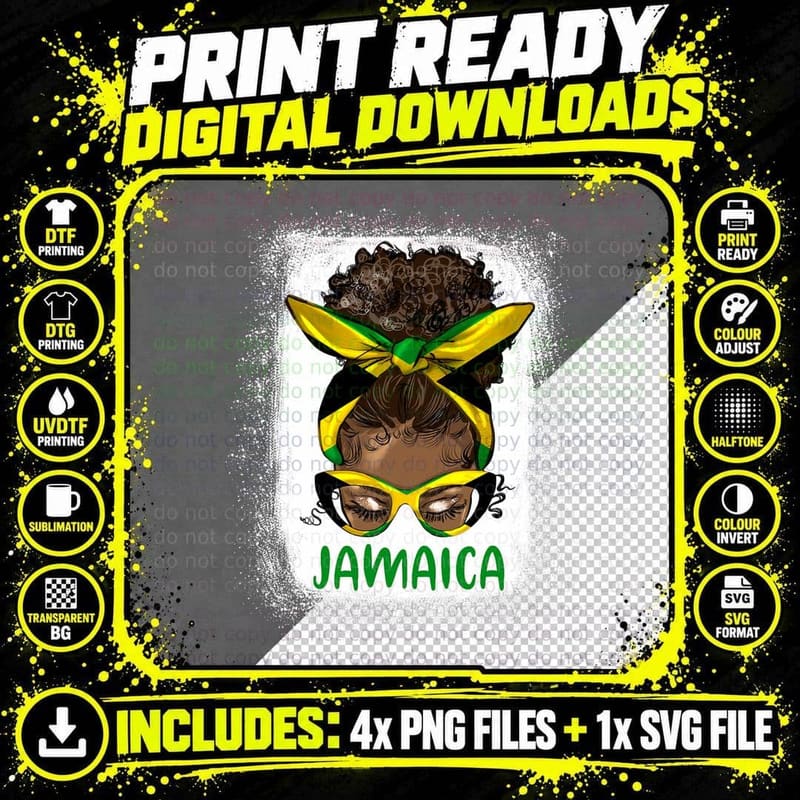 Afro Messy Bun Jamaica Flag Jamaican Girl Black Woman Png SVG Digital Bundle