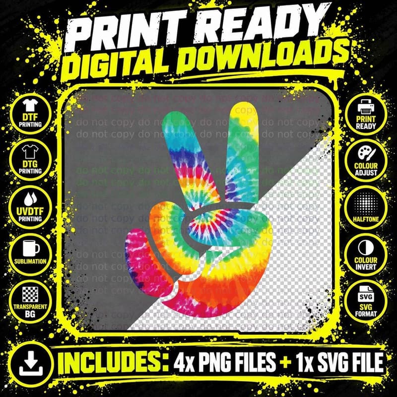 Cool Peace Hand Sign Tie Dye Kindness for Boys and Girls Png SVG Digital Bundle