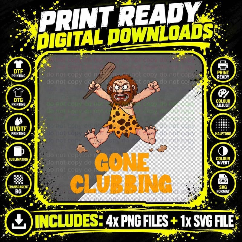 Gone Clubbing in the Wild Primitive Caveman T-Shirt Png SVG Digital Bundle