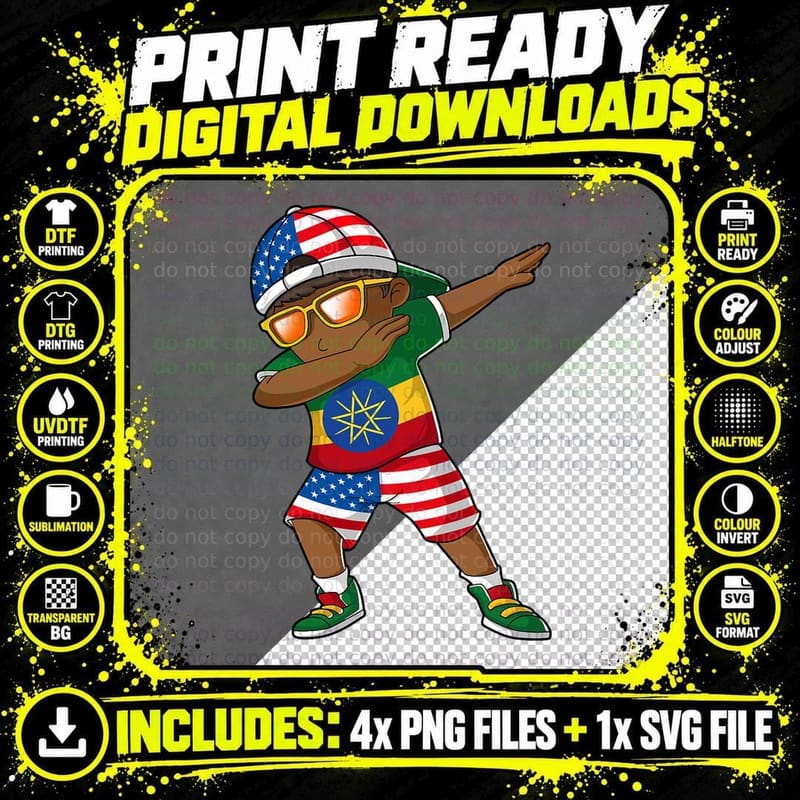Half American Half Ethiopian Boy Kid Ethiopia Flag Png SVG Digital Bundle