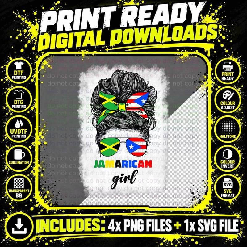 Half Jamaican and Puerto Rican Rico Jamaica Flag Gril Png SVG Digital Bundle