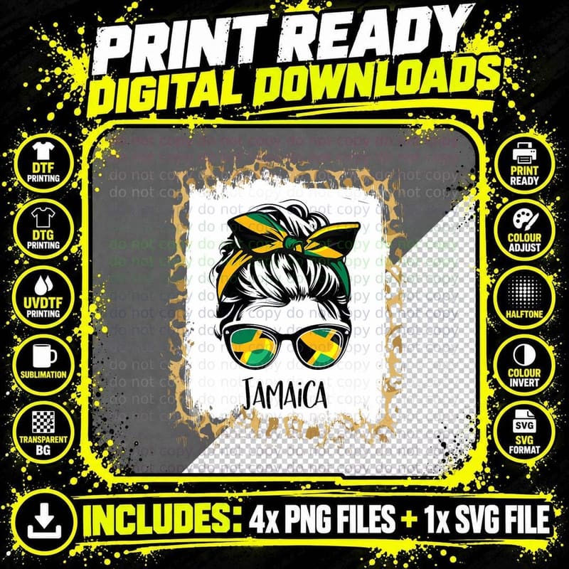 Jamaica Shirt Women Messy Bun Jamaican Flag Girls Png SVG Digital Bundle