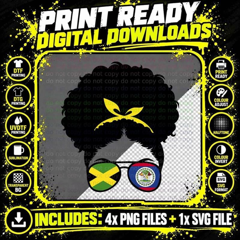 Jamaica and Belize Mix Afro Bun Belizean and Jamaican Png SVG Digital Bundle