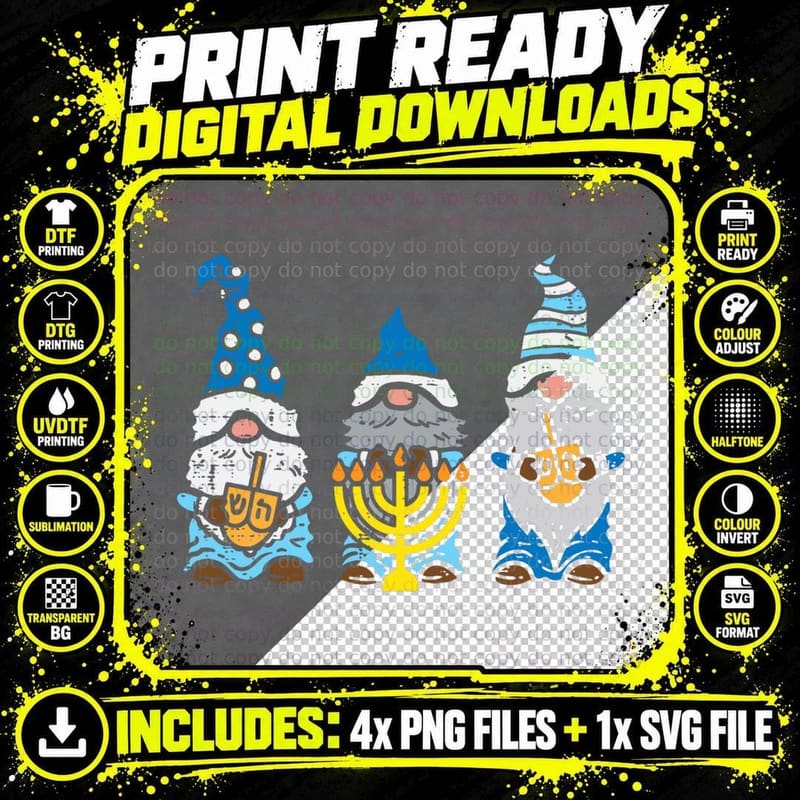 Jewish Gnomes Menorah Hanukkah Pajamas Chanukah Pjs Png SVG Digital Bundle